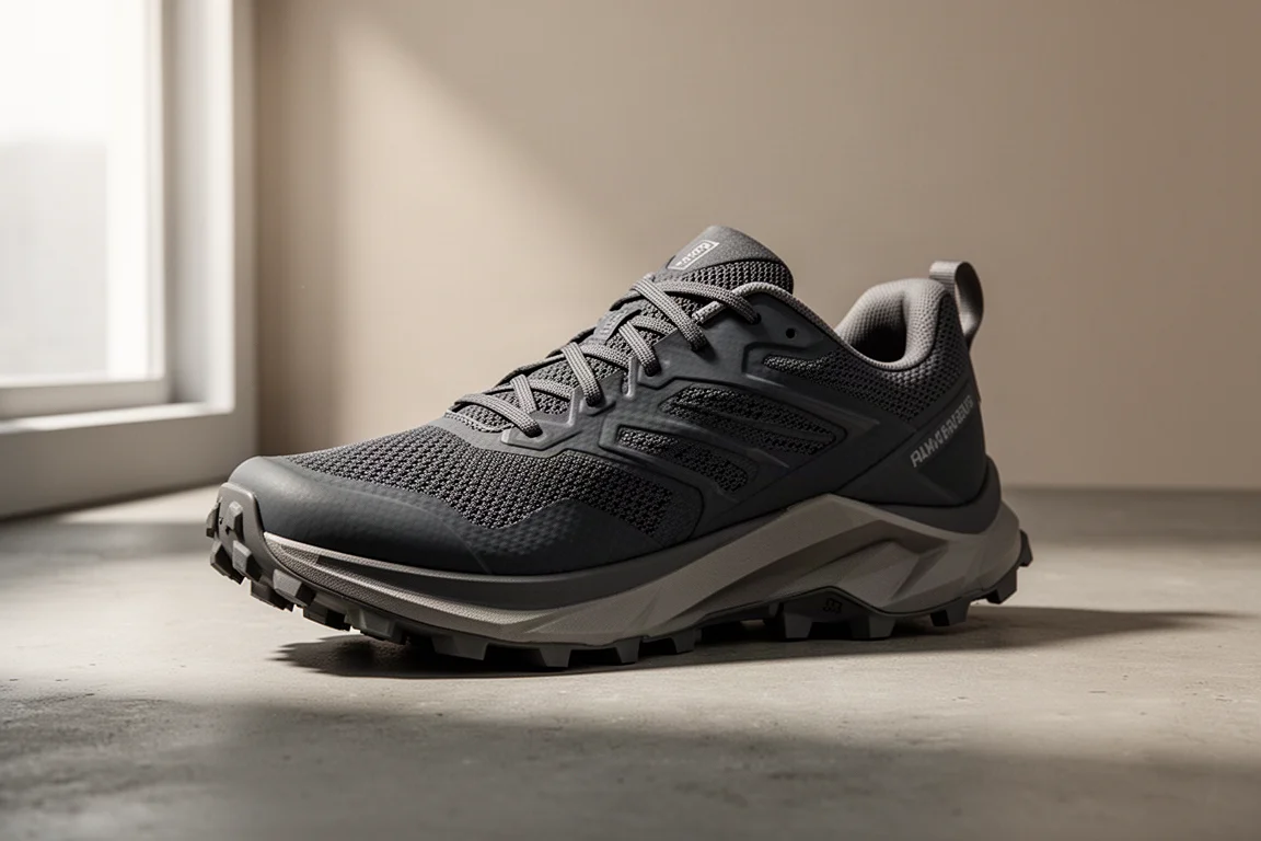 Scarpa da trail running a stack massimo in vista a tre quarti su cemento