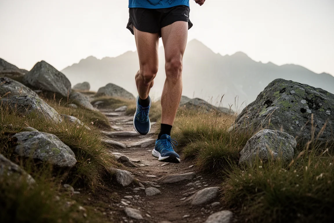 Trailrunner auf steinigem Bergweg im weichen Morgenlicht