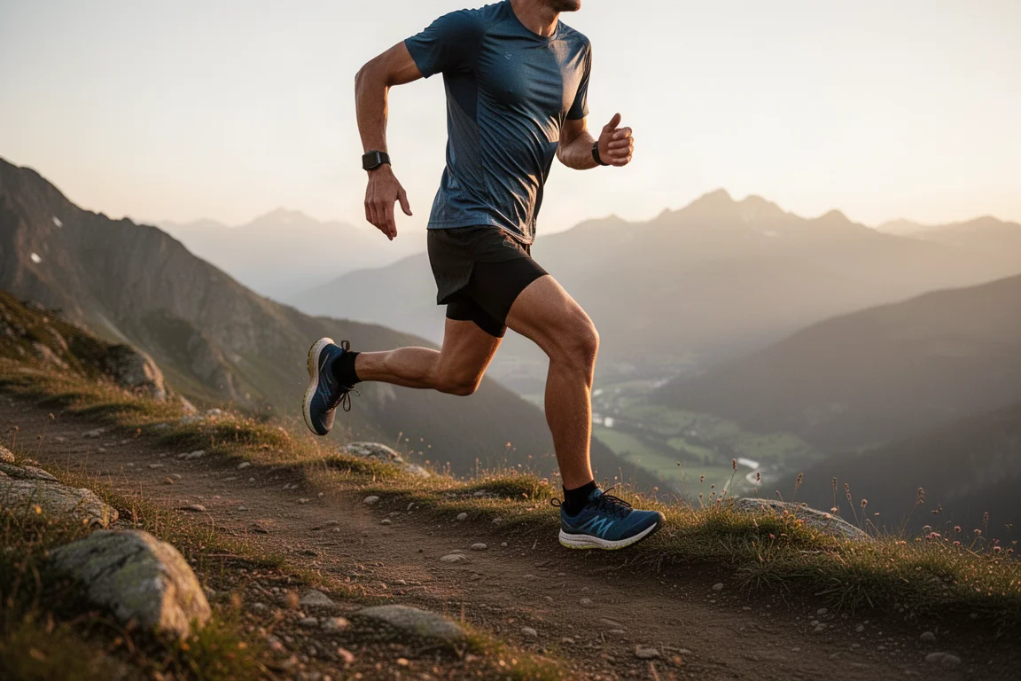 Trailrunner macht Tempo auf einem Alpenkamm zur goldenen Stunde