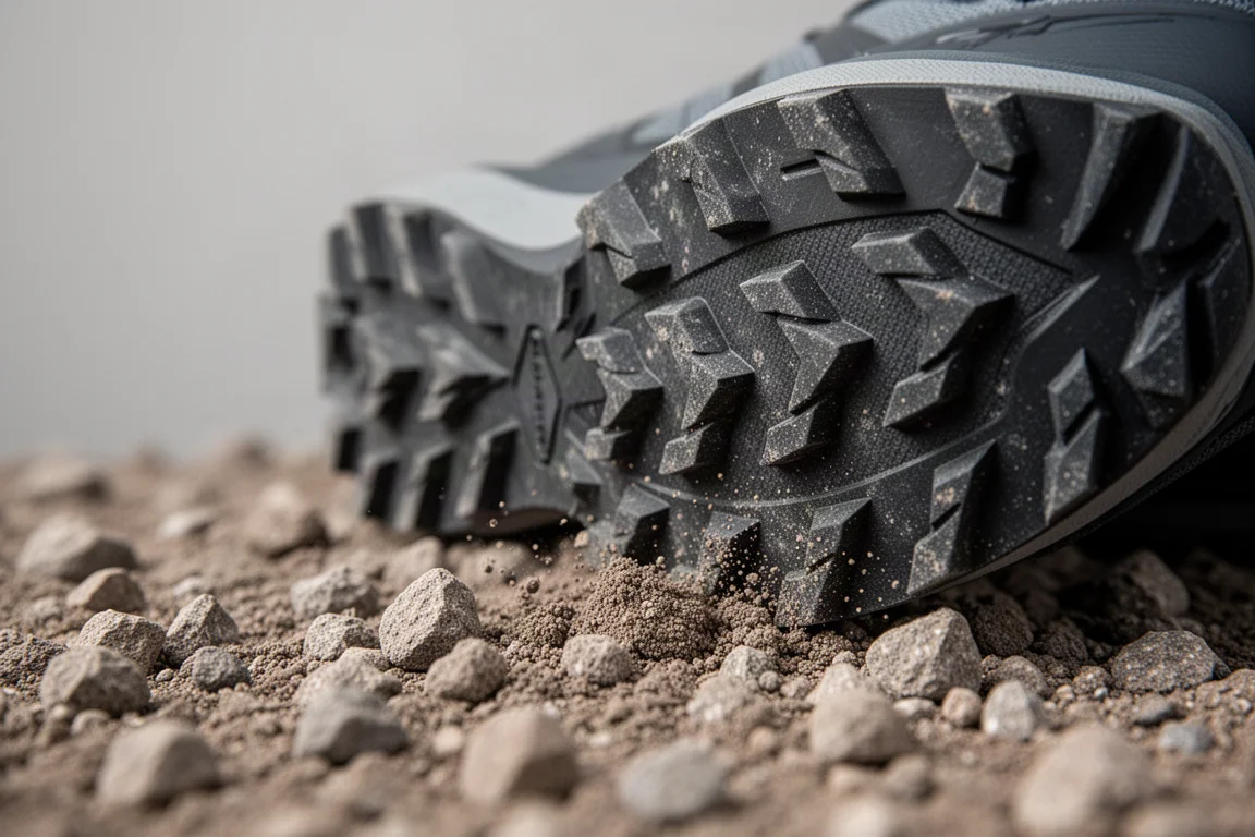 Gros plan sur la semelle extérieure d'une chaussure de trail montrant des crampons profonds sur du gravier ferme
