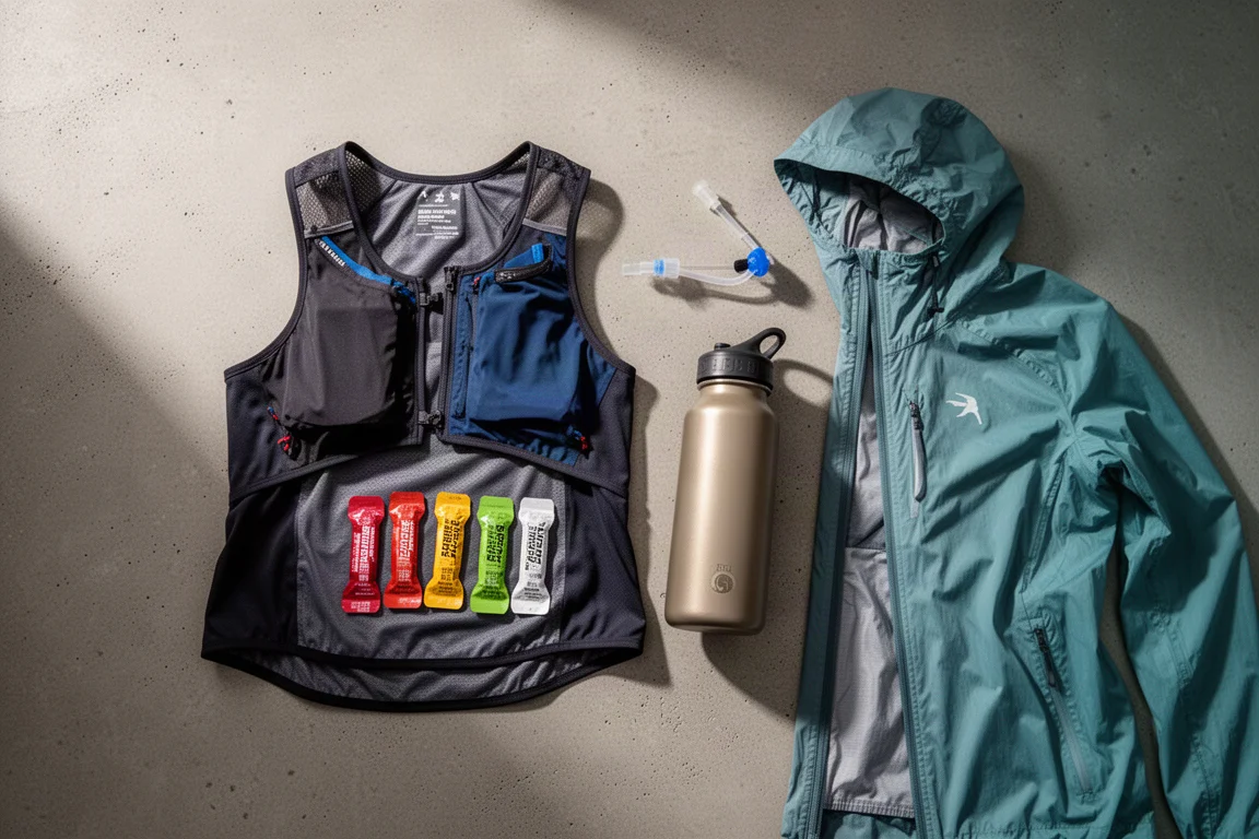 Vue à plat du matériel de trail running disposé sur une surface en béton
