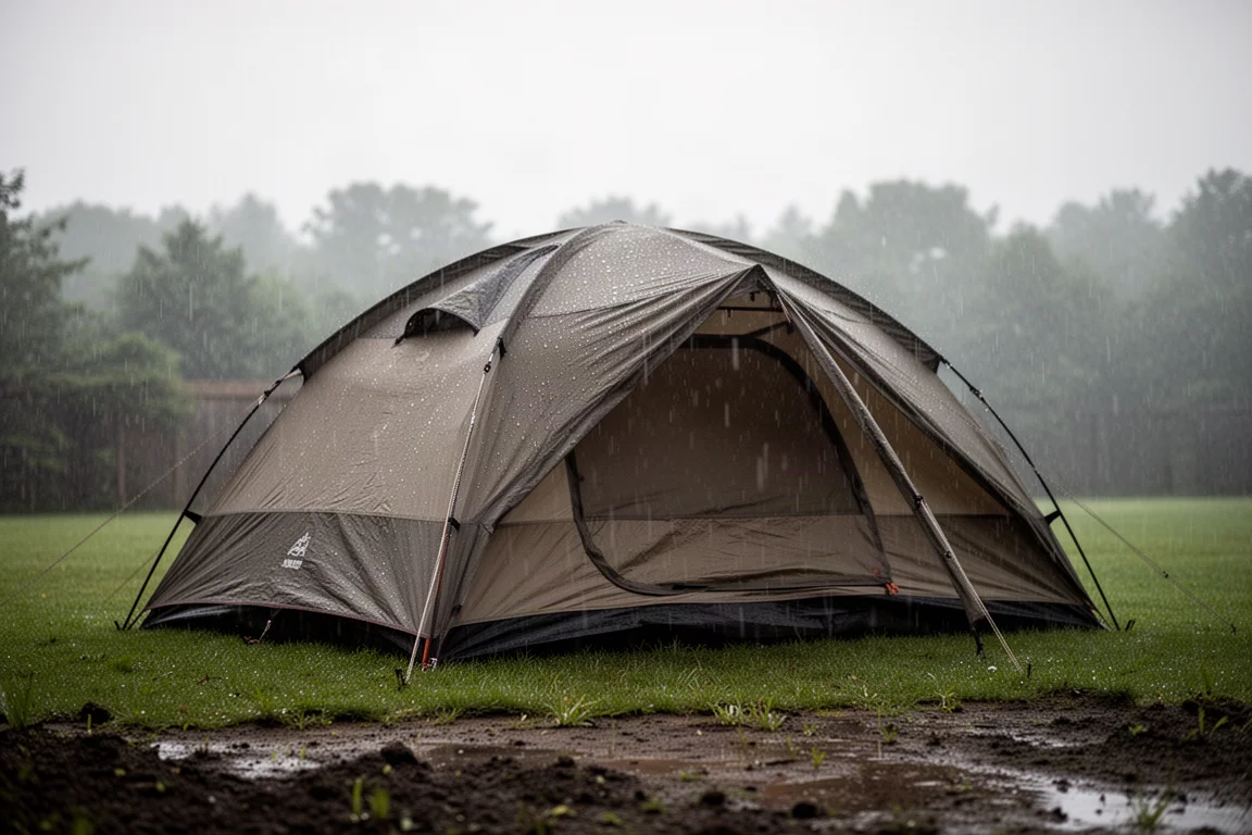 Kuppelzelt auf einer grasbewachsenen Wiese bei gleichmäßigem leichtem Regen unter bedecktem Himmel