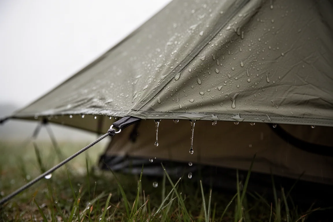 Regenplane nahe am Zeltkörper mit Wasser, das am Stoff herunterläuft