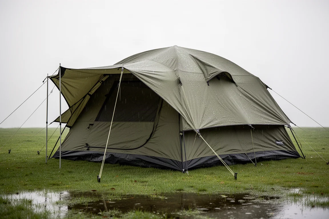 Large dome camping tent with a partial rainfly pitched on a wet lawn under overcast light
