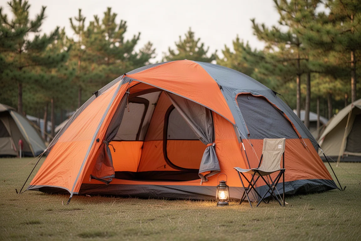 Großes oranges Kuppelzelt auf einer Wiese an einem ruhigen Campingplatz im warmen Abendlicht