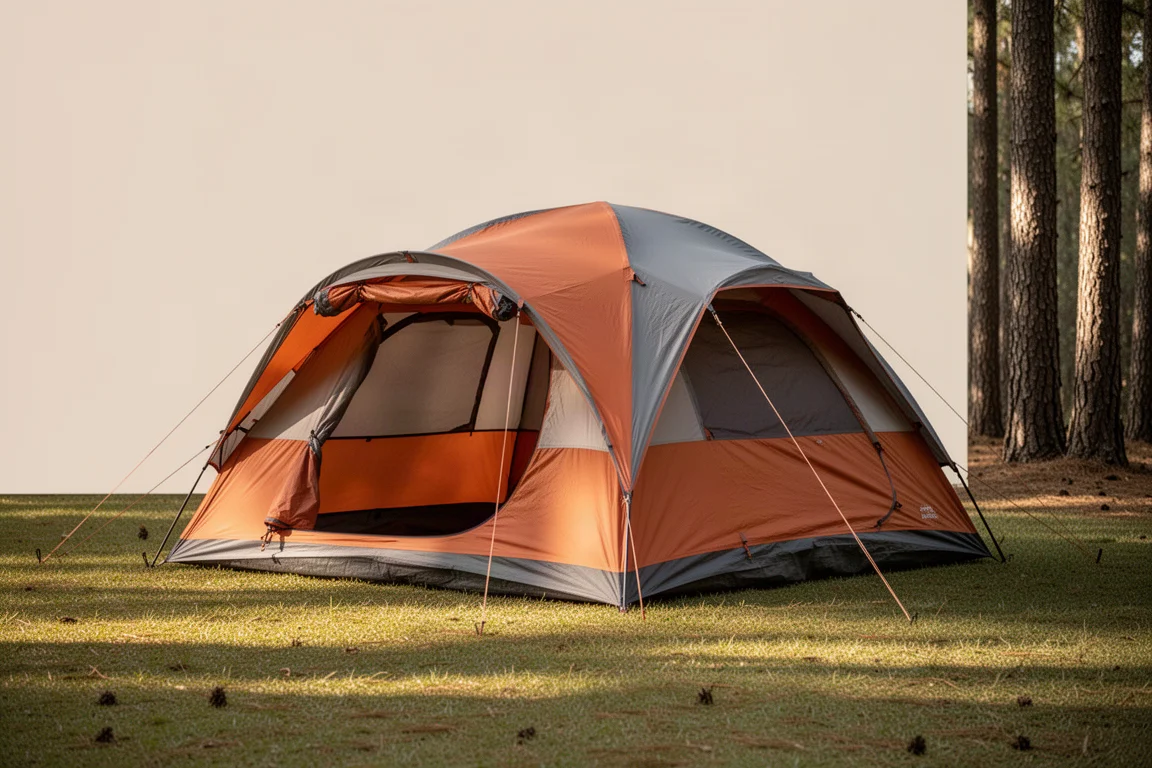 Large orange and grey six-person dome camping tent pitched on grass beside pine trees