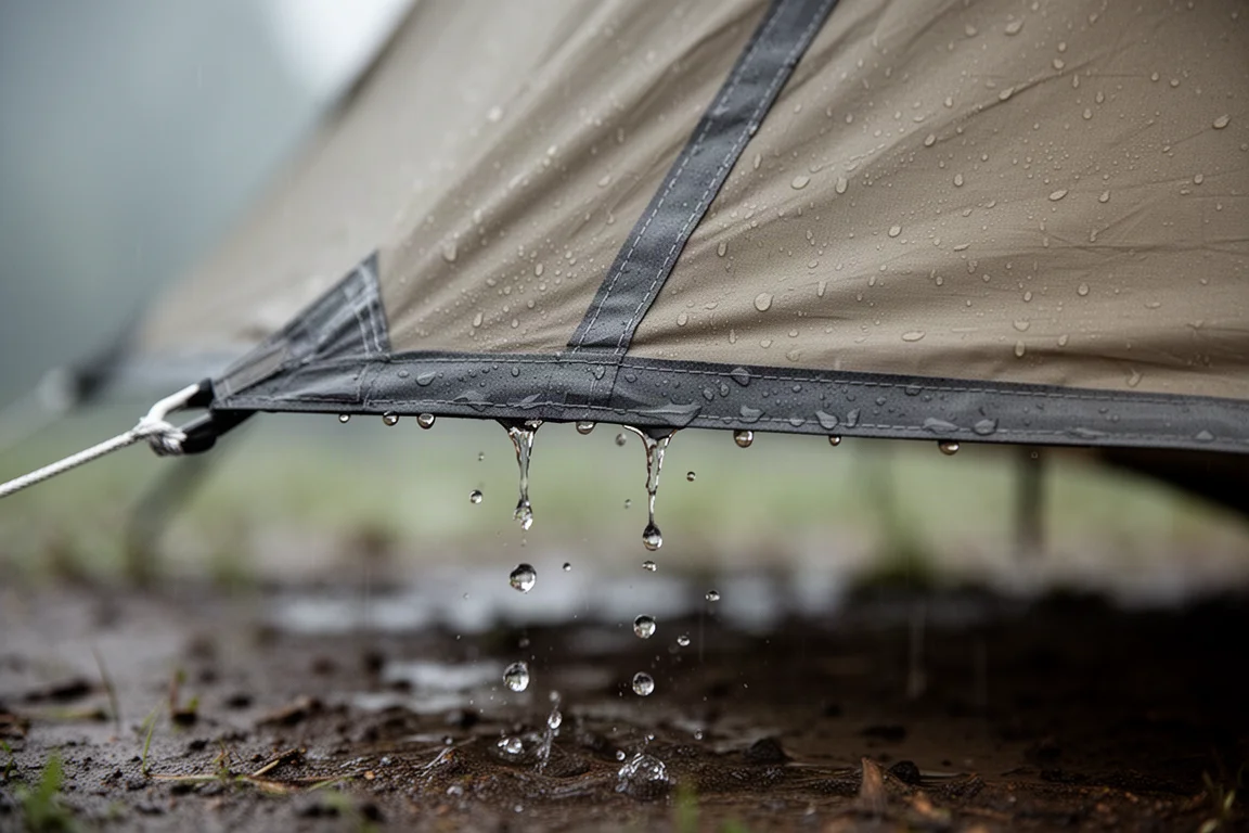 雨水從營帳外帳下緣流到濕地上的情況