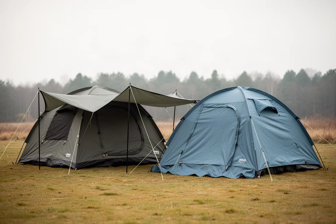 Two large six-person dome tents pitched side by side on a grass clearing