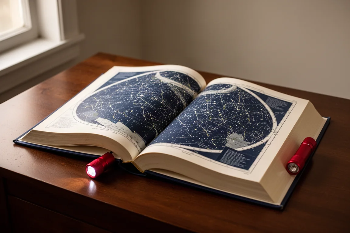 Open star atlas with constellation charts on a wooden desk beside a red flashlight