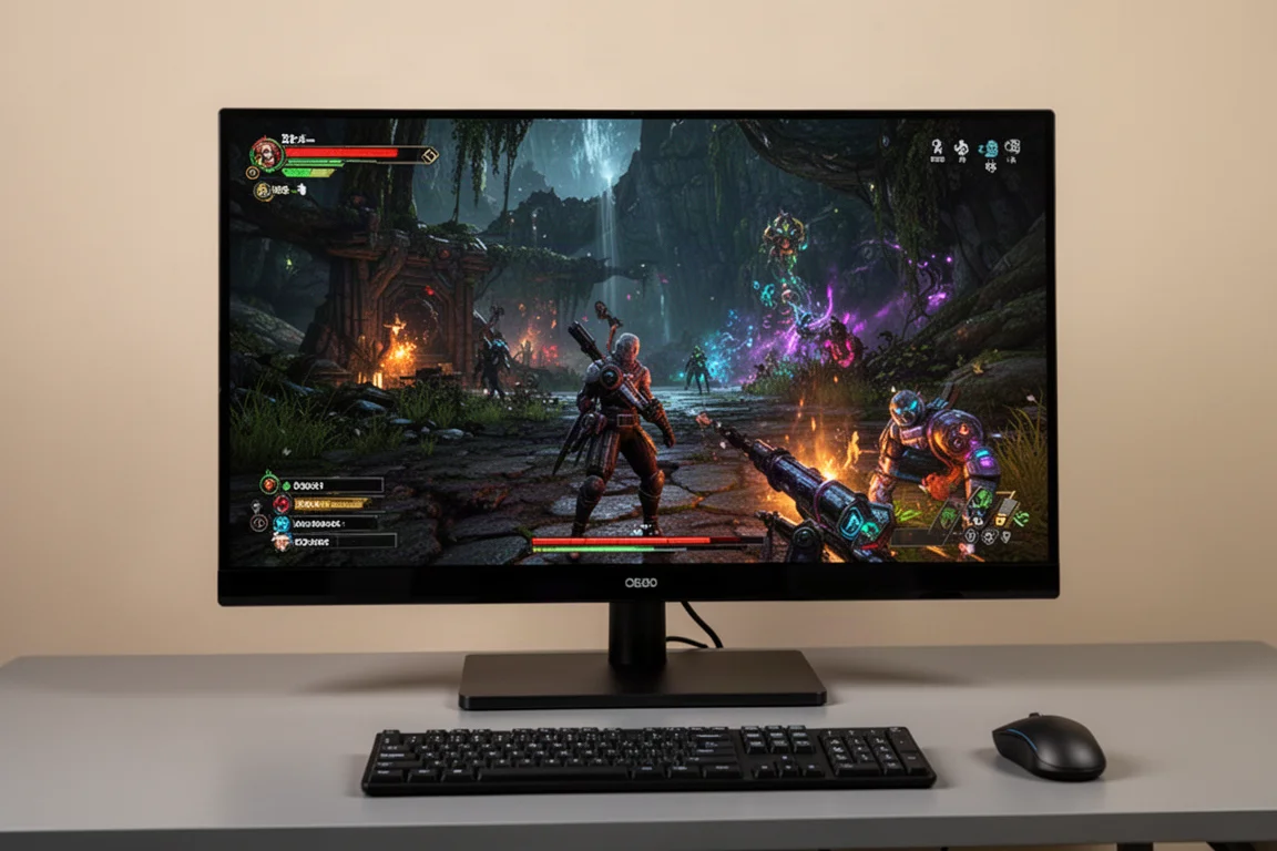 桌上 32 吋 OLED 顯示器顯示生動遊戲畫面