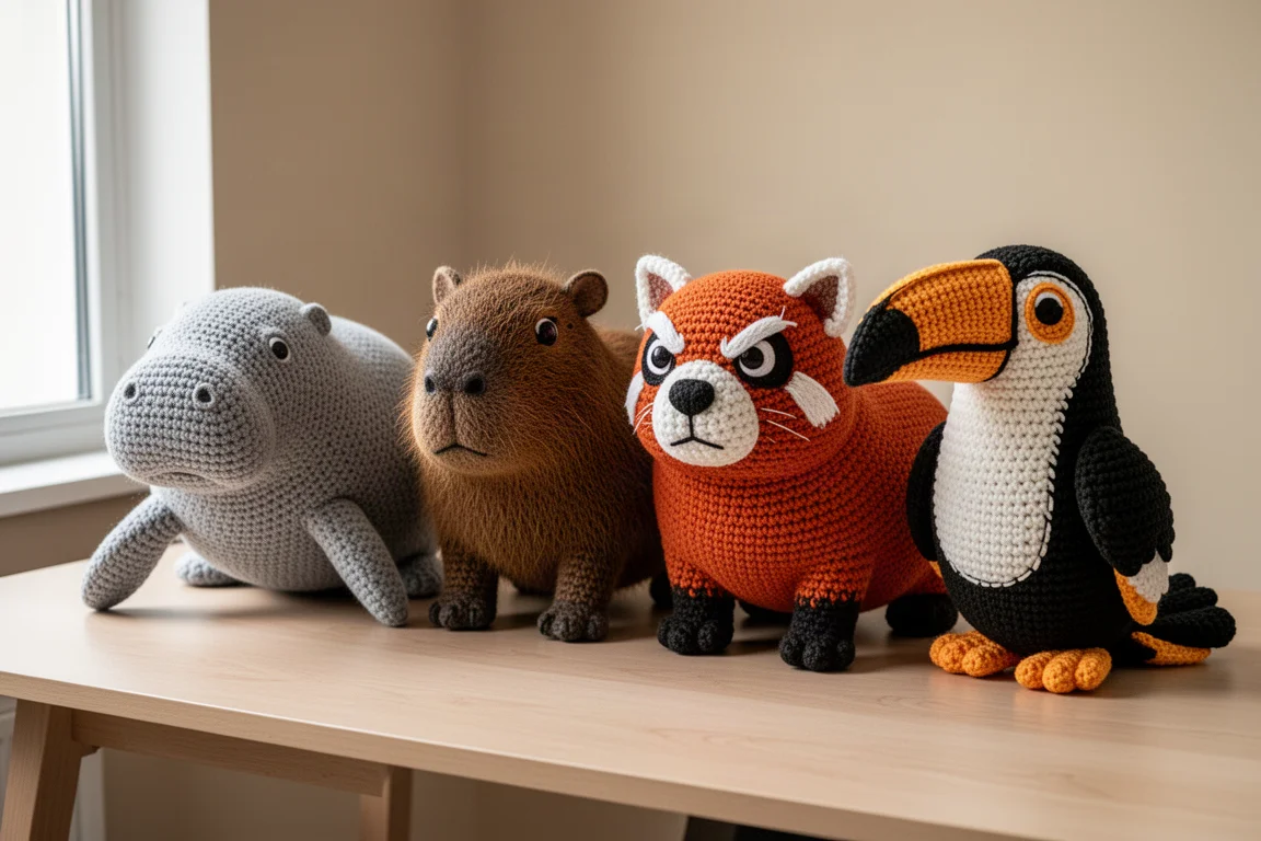Quattro animali di peluche giganti finiti all'uncinetto, tra cui un lamantino, un capibara, un panda rosso e un tucano, su una scrivania di legno