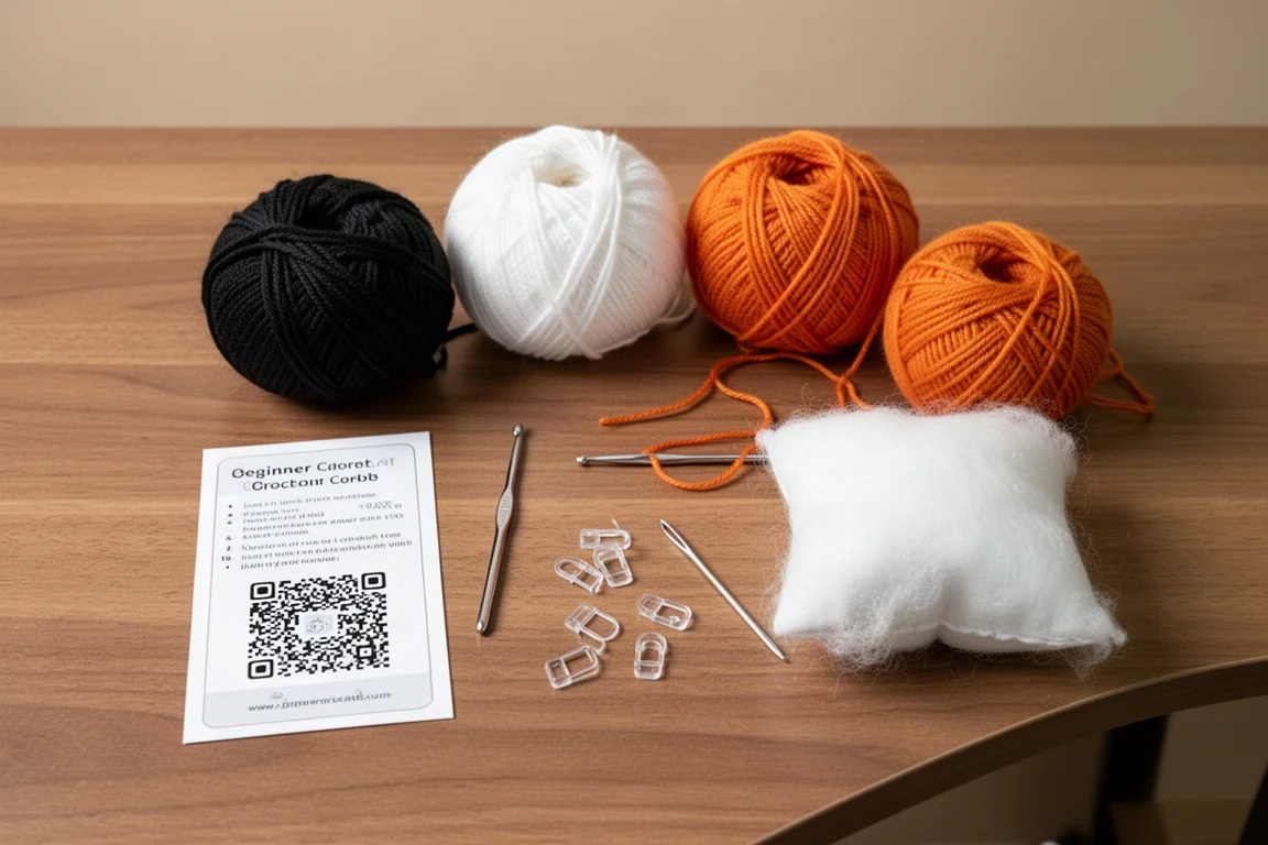 Kit de crochet para principiantes abierto con ovillos de lana, ganchillo, relleno y tarjeta de instrucciones sobre un escritorio