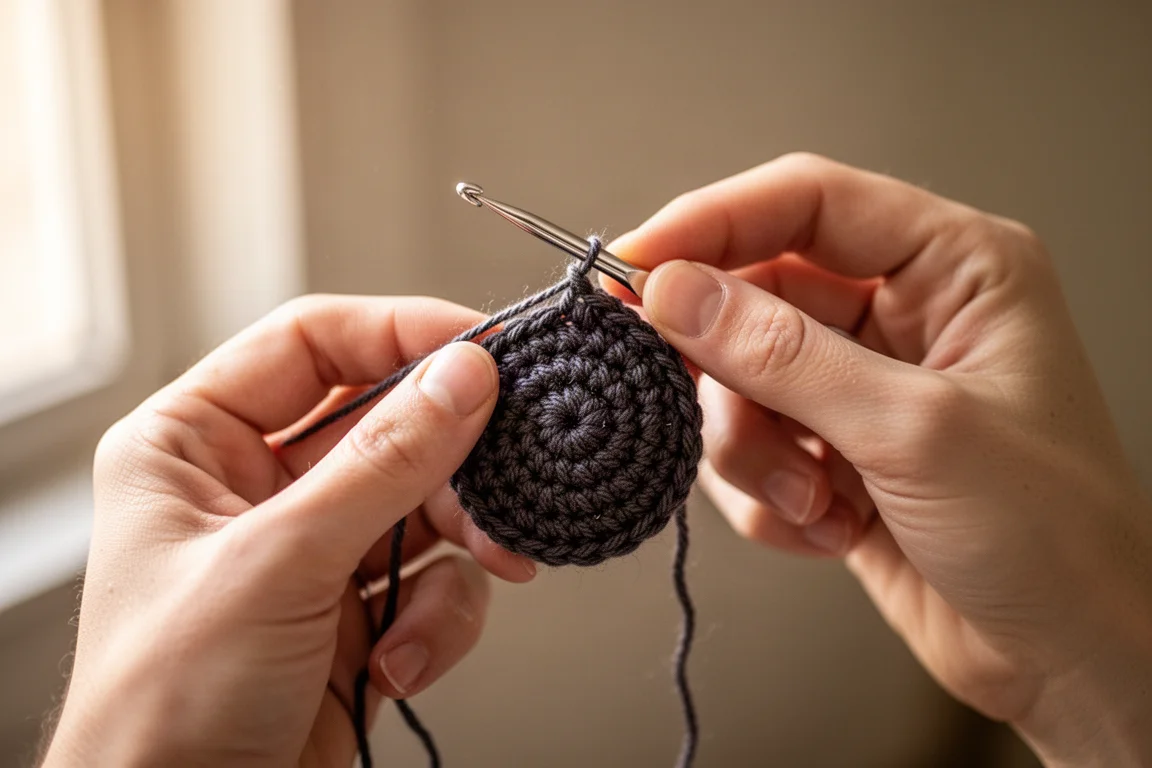 Manos tejiendo a crochet una pequeña pieza redonda con lana oscura y un ganchillo con luz natural suave