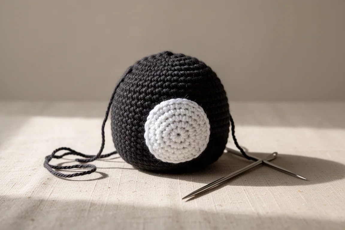 Cuerpo de pingüino de crochet a medio terminar con parche de barriga blanca sobre una superficie neutra
