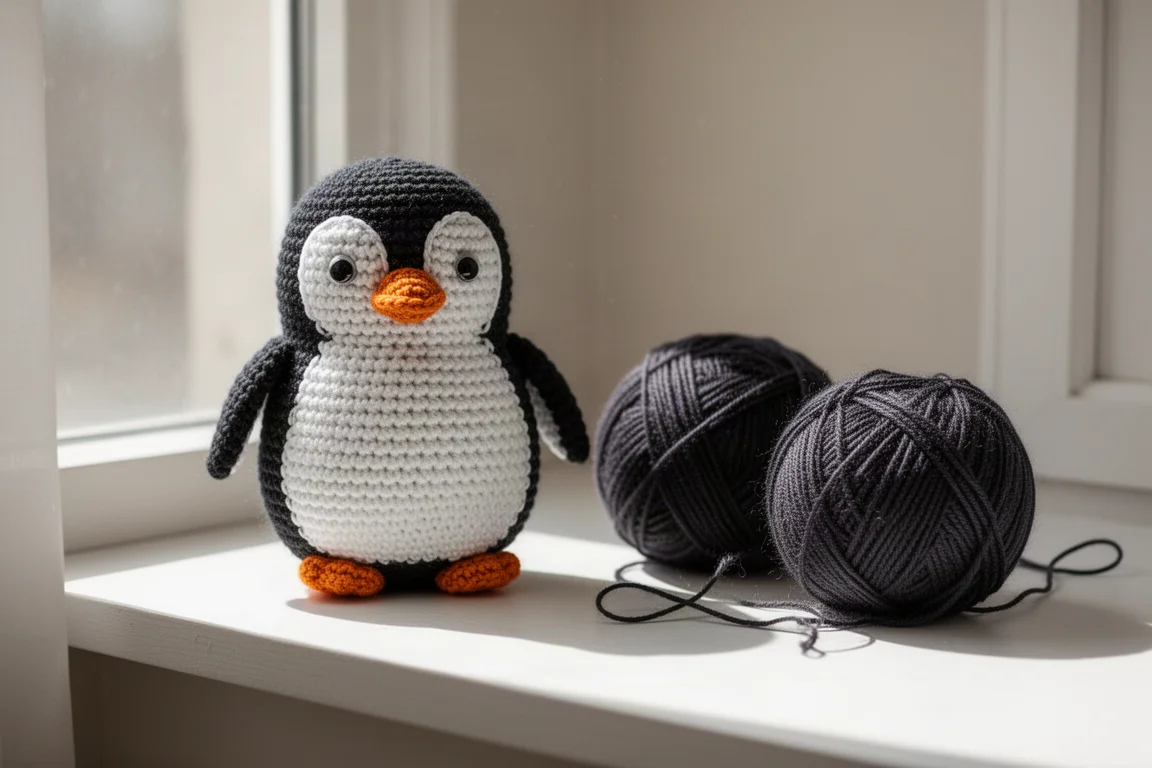 Peluche de pingüino de crochet terminado junto a ovillos de lana sobrantes en el alféizar de una ventana
