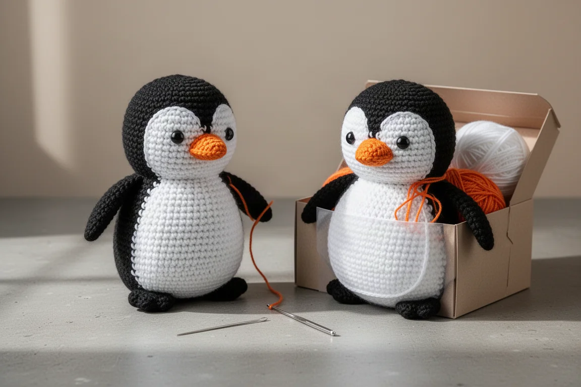 Pinguino all'uncinetto finito accanto a un kit per principianti aperto sul cemento