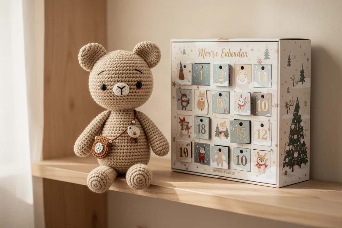 Personagem de crochê finalizado sentado em uma prateleira ao lado da caixa do calendário do advento