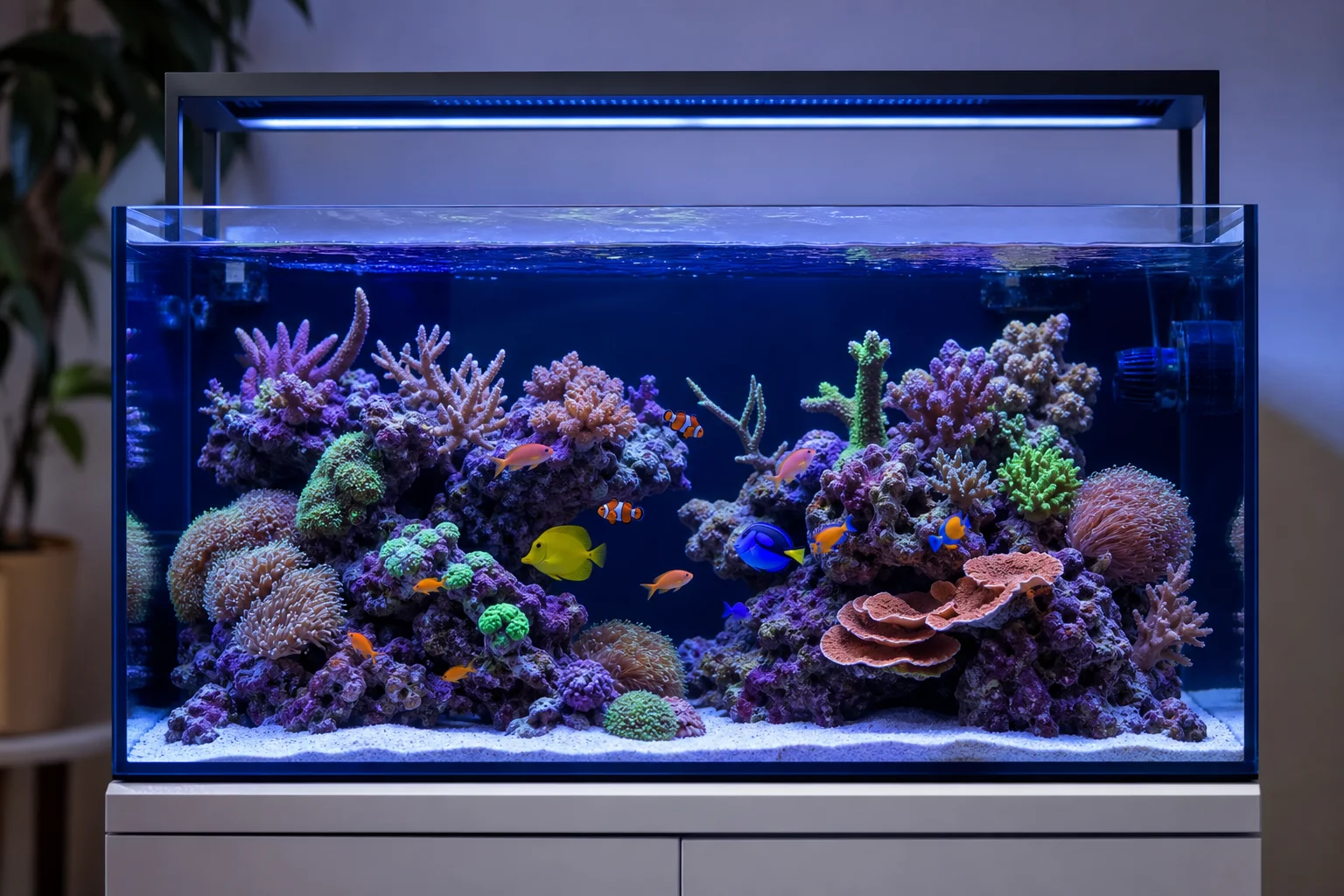 在水族燈光下，水質清澈且珊瑚鮮豔的健康珊瑚礁缸