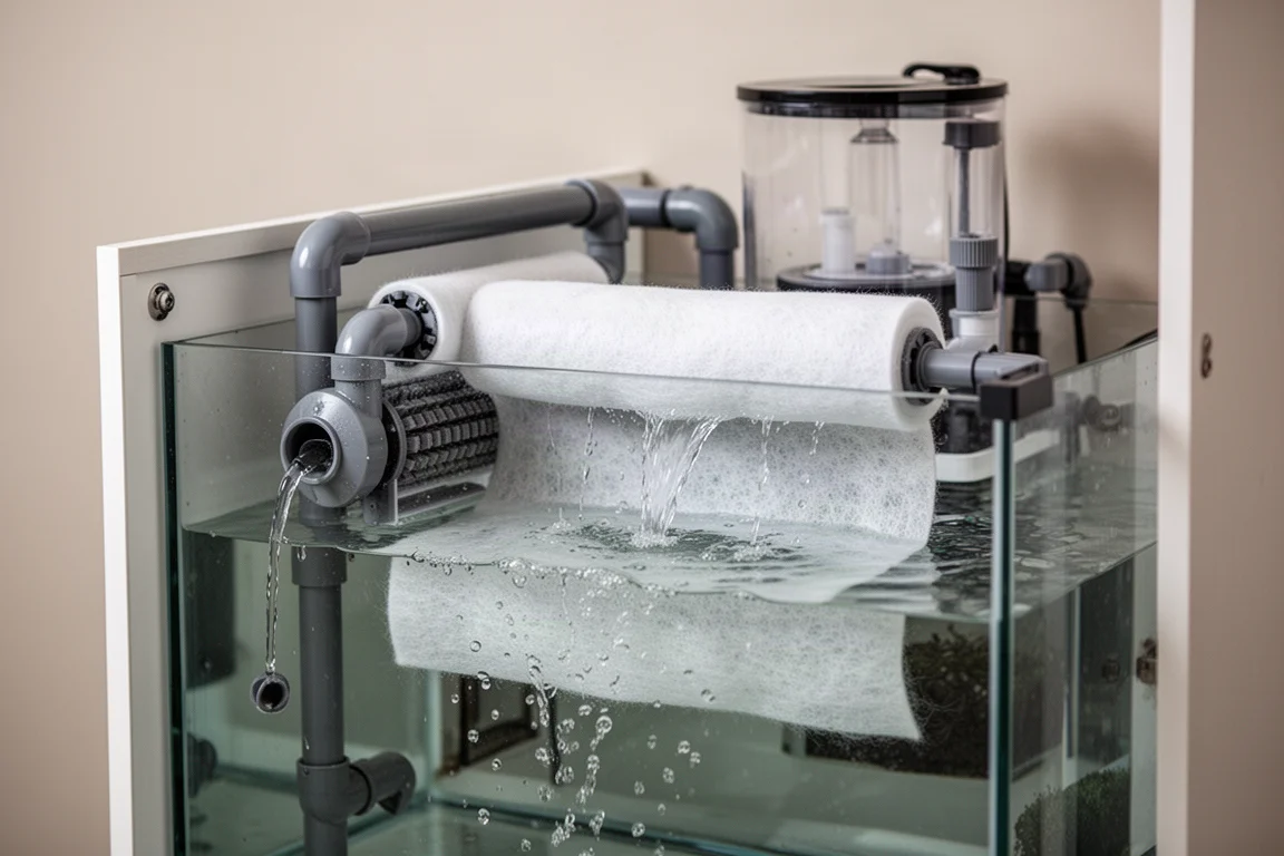 Aquariumsumpskast met rolfilter aangesloten op een afvoerleiding en een skimmer erachter