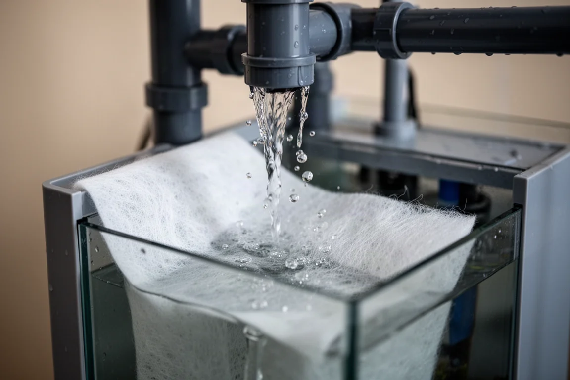 Water uit een overloopafvoer dat op wit filterfleece in een compacte behuizing stroomt