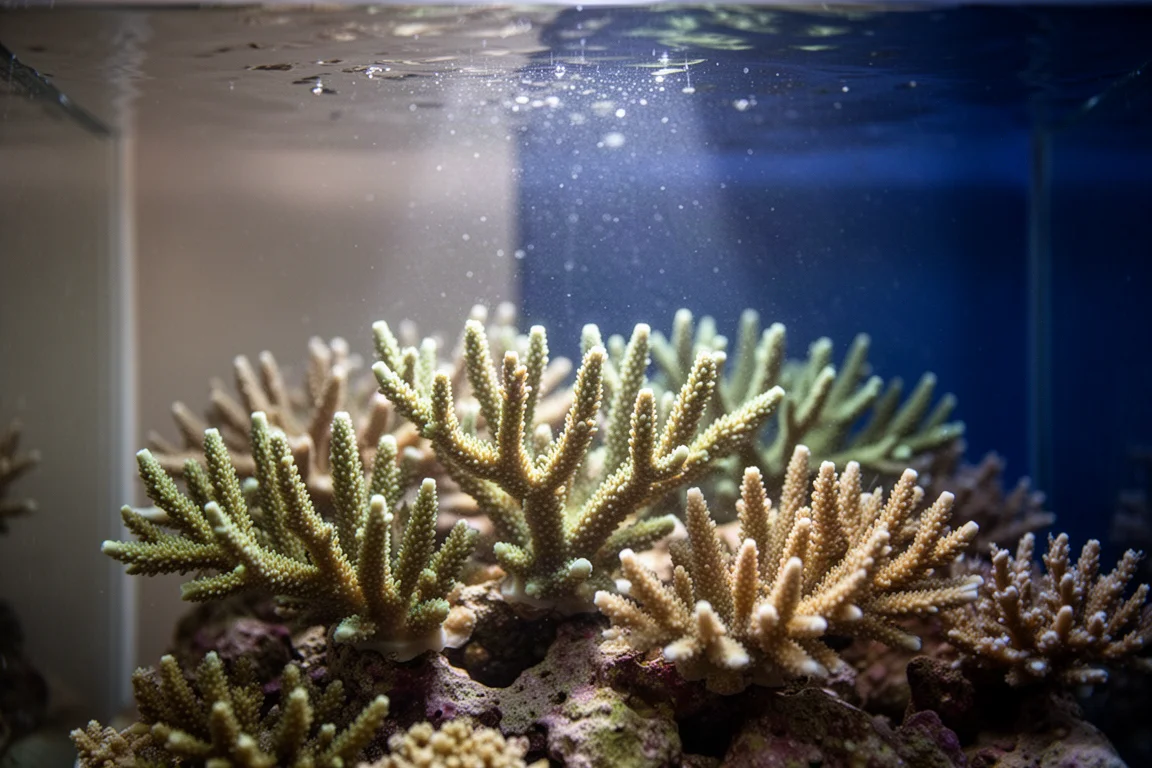 Close-up van gezonde vertakkende koralen in helder rifaquariumwater