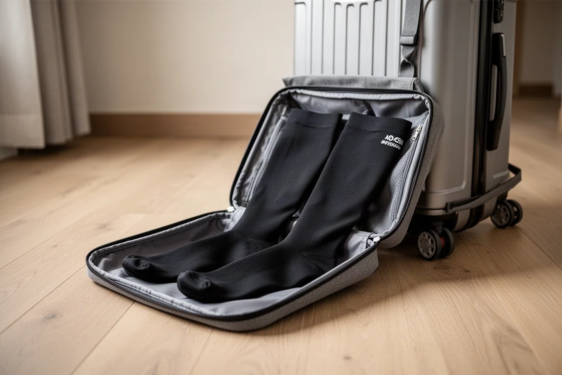 Coppia di stivali da compressione riposti in una borsa da viaggio accanto a una valigia