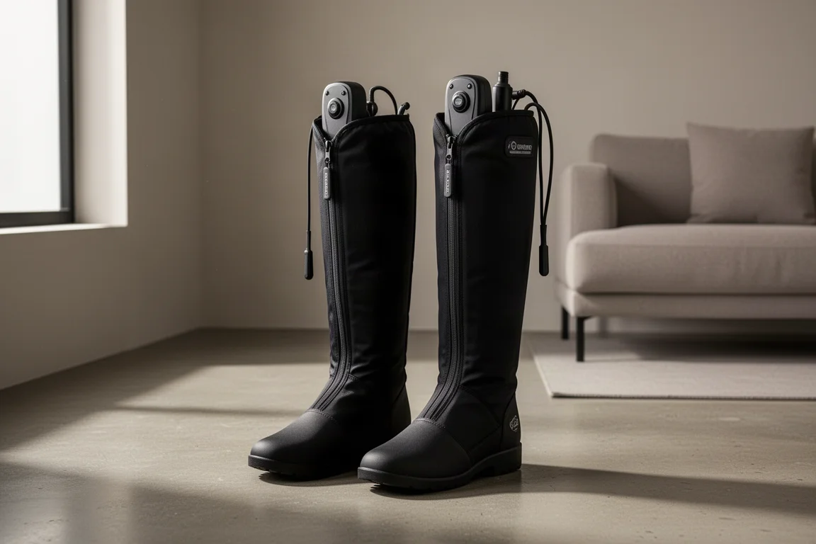 Pair of black wireless compression recovery boots standing upright on a concrete floor