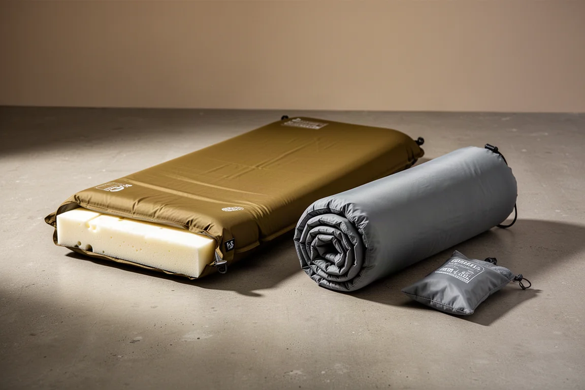 Two self-inflating camping sleeping pads, one unrolled and one rolled, on a concrete surface