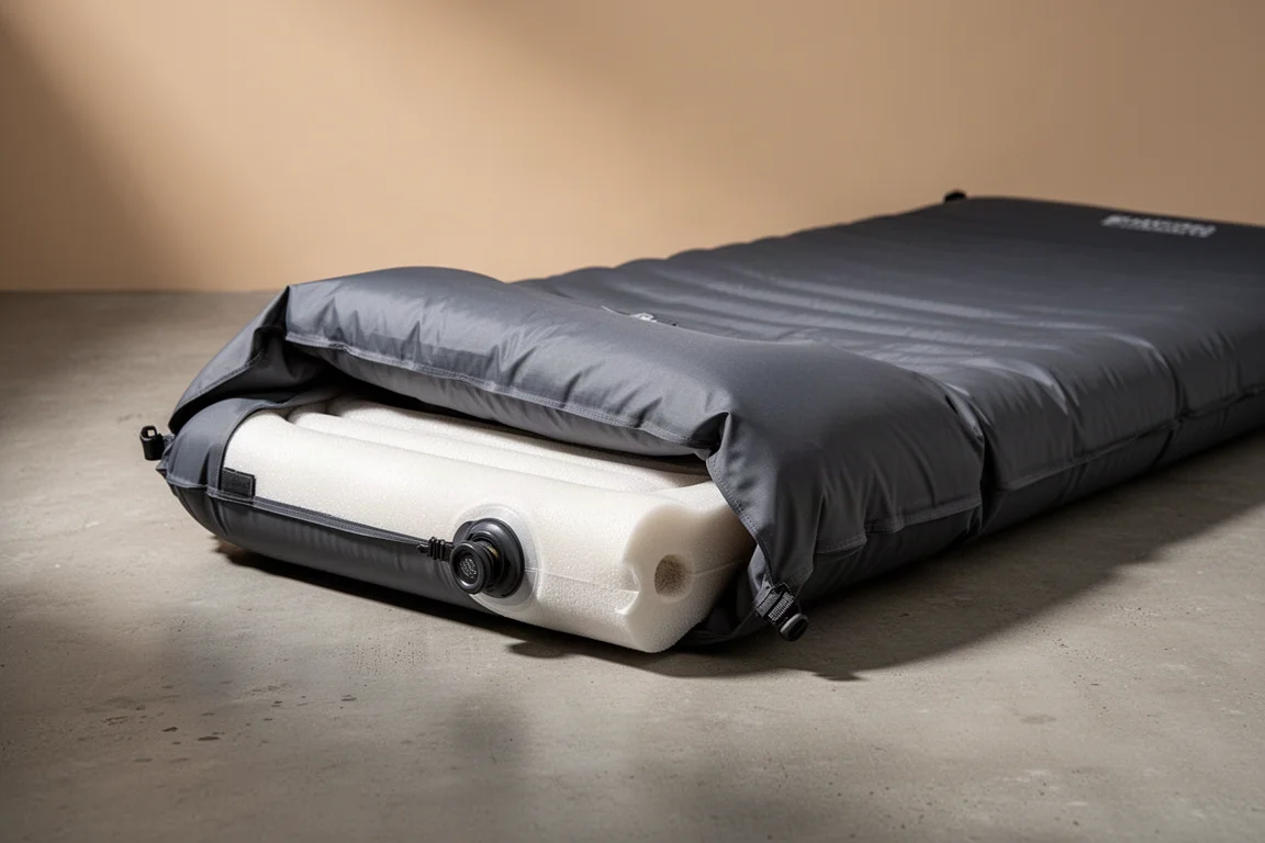 Partially unrolled grey nylon self-inflating sleeping pad on a concrete surface