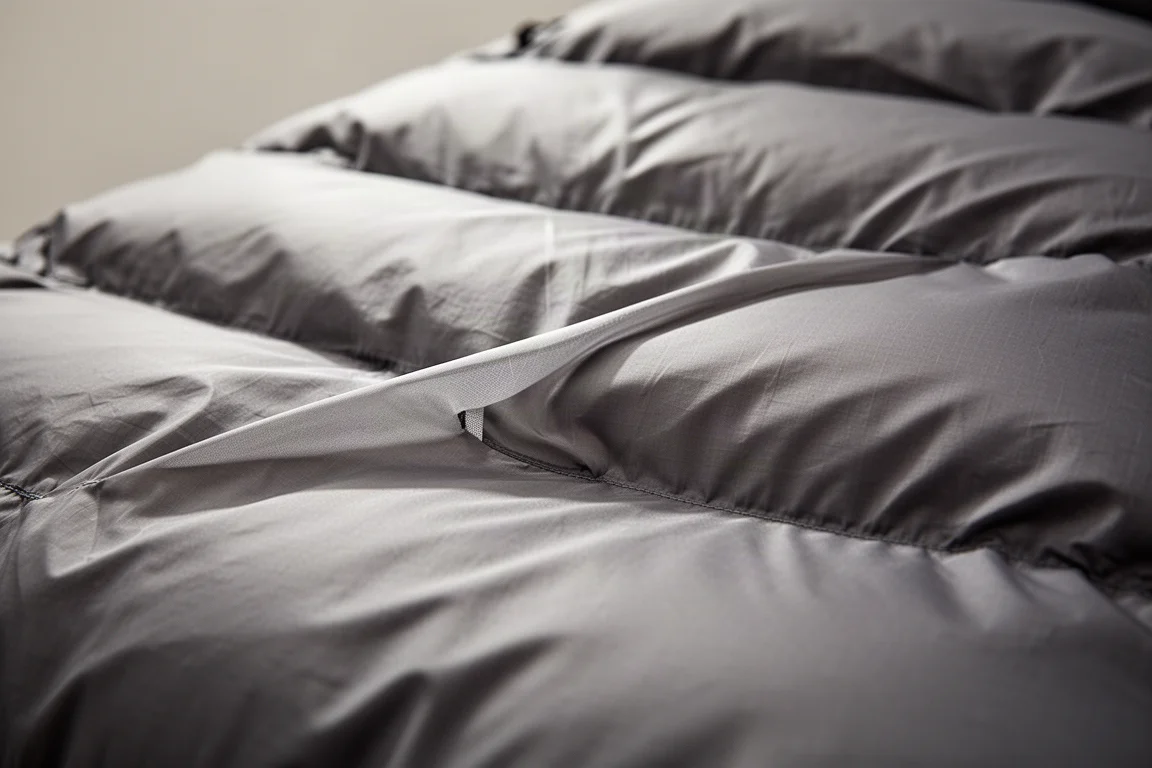 Cloisons d'un sac de couchage en duvet gonflé vues de près sous une lumière douce