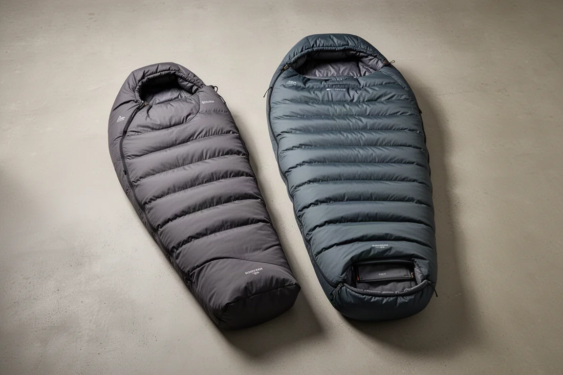 Two down mummy sleeping bags side by side on a concrete surface