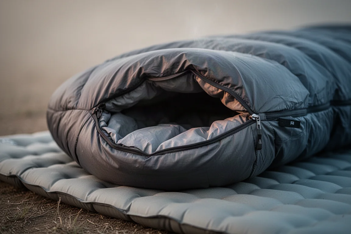 Fußbox-Öffnung eines Mumien-Schlafsacks, der im Morgenlicht am Lager belüftet wird