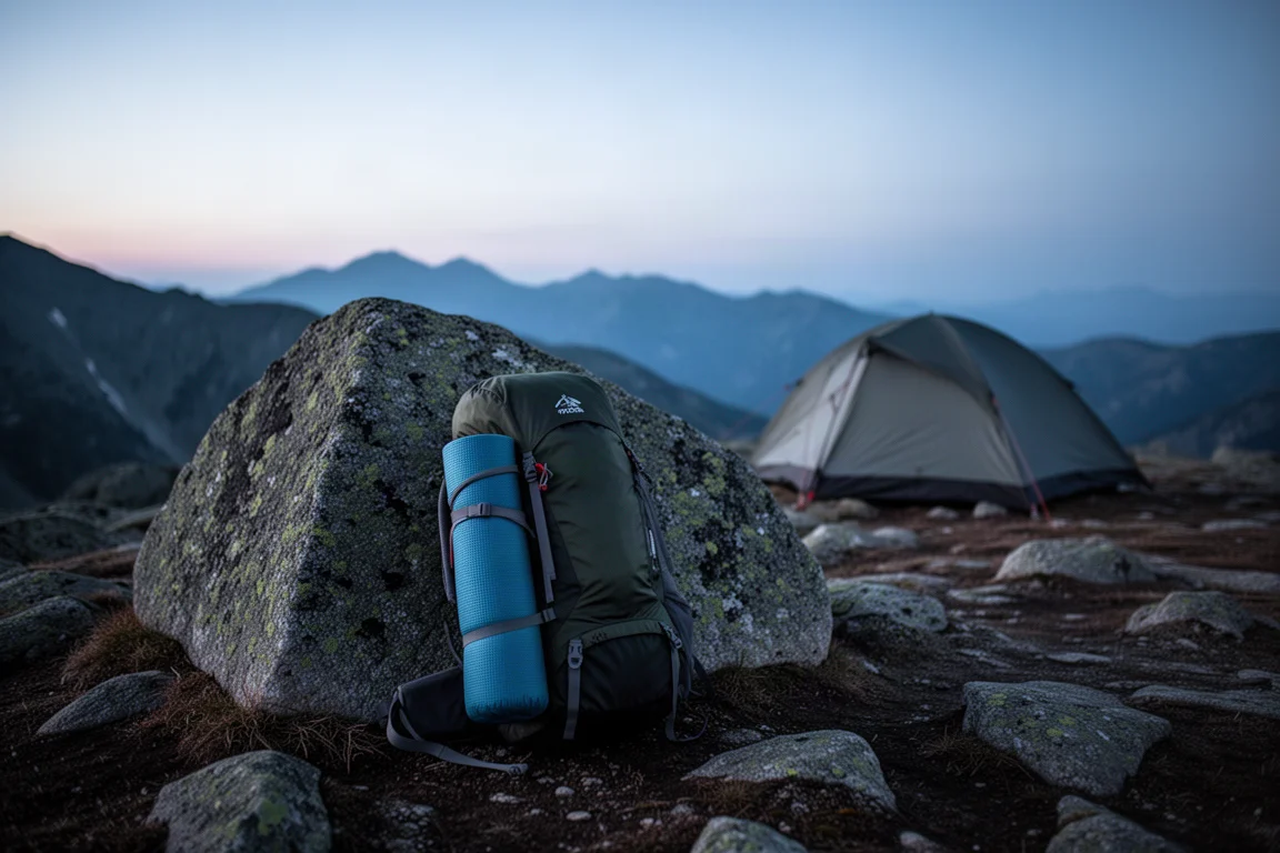 Zusammengerollter Schlafsack und Matte an einem Rucksack auf einem alpinen Lagerplatz in der Dämmerung