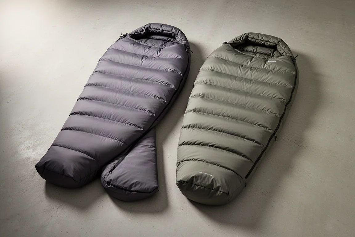 Two down mummy sleeping bags side by side on a matte concrete surface