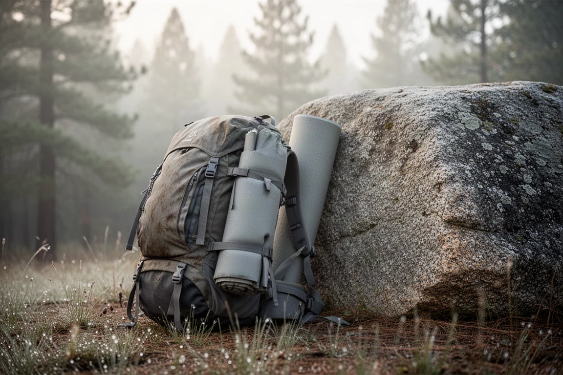 Rolled sleeping pad strapped to a hiking backpack against a boulder at dawn