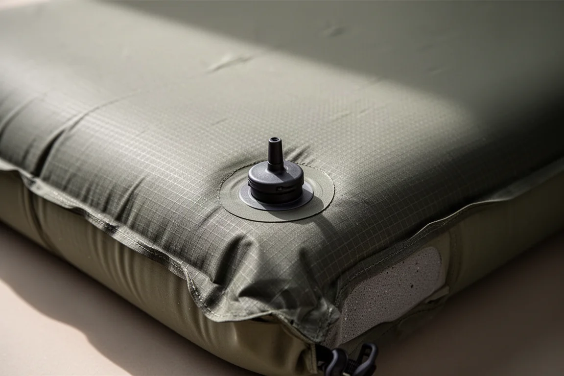 Close-up of nylon sleeping pad fabric and valve showing ripstop texture