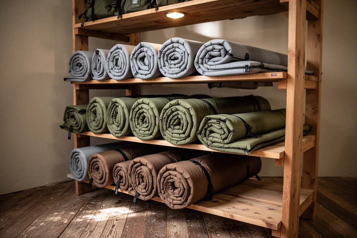 Rolled sleeping pads stacked on wooden shelves in a surplus store
