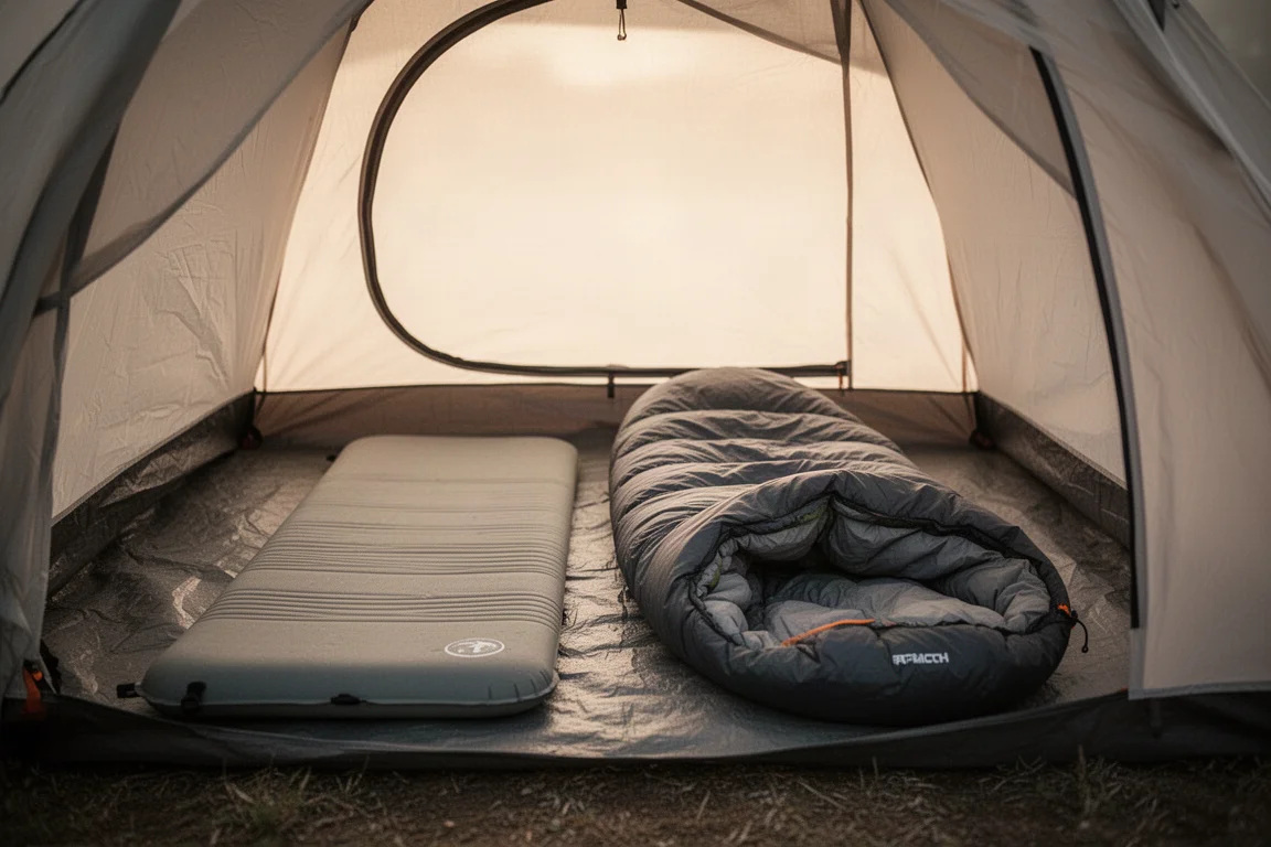 Unrolled sleeping pad and sleeping bag inside a tent at first light