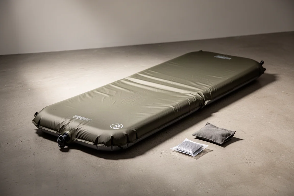 Unrolled self-inflating sleeping pad with repair kit on a concrete surface