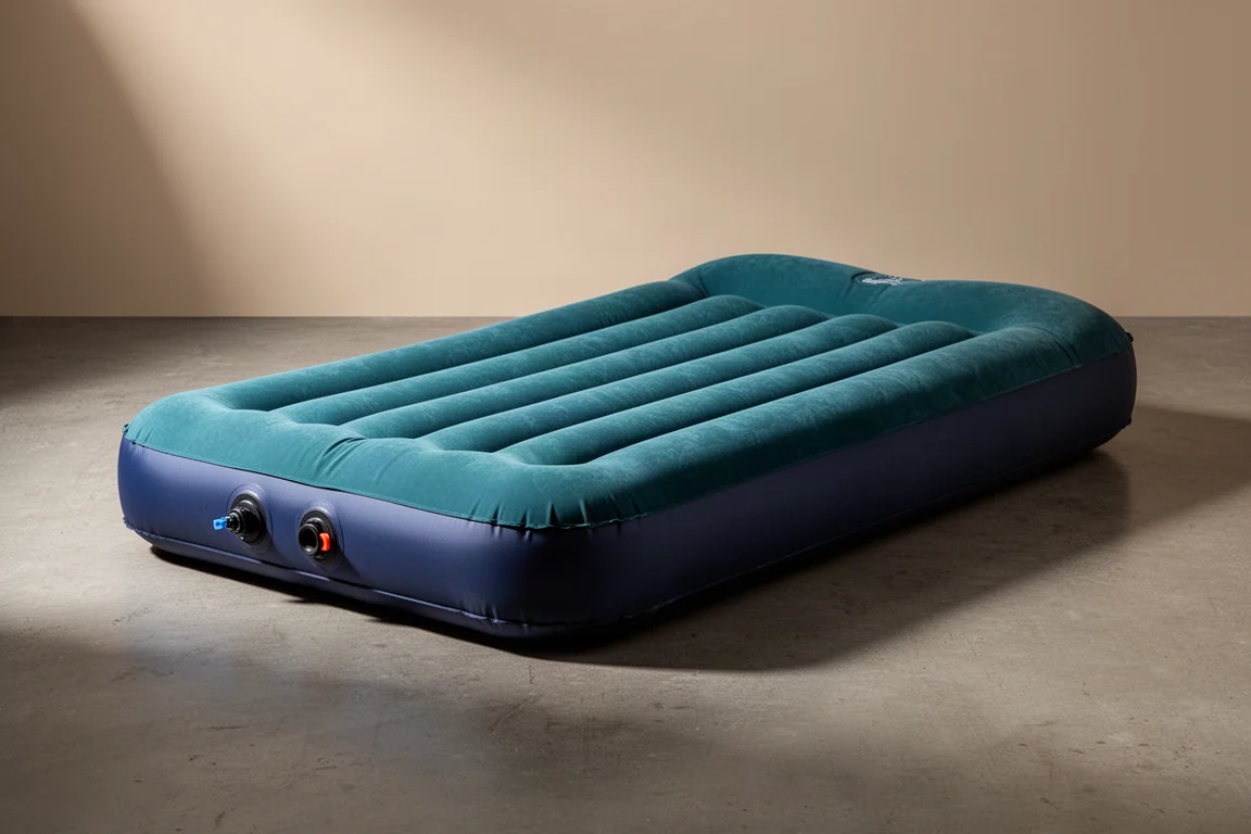 Thick self-inflating camping air mattress with teal top and dark blue base on concrete floor