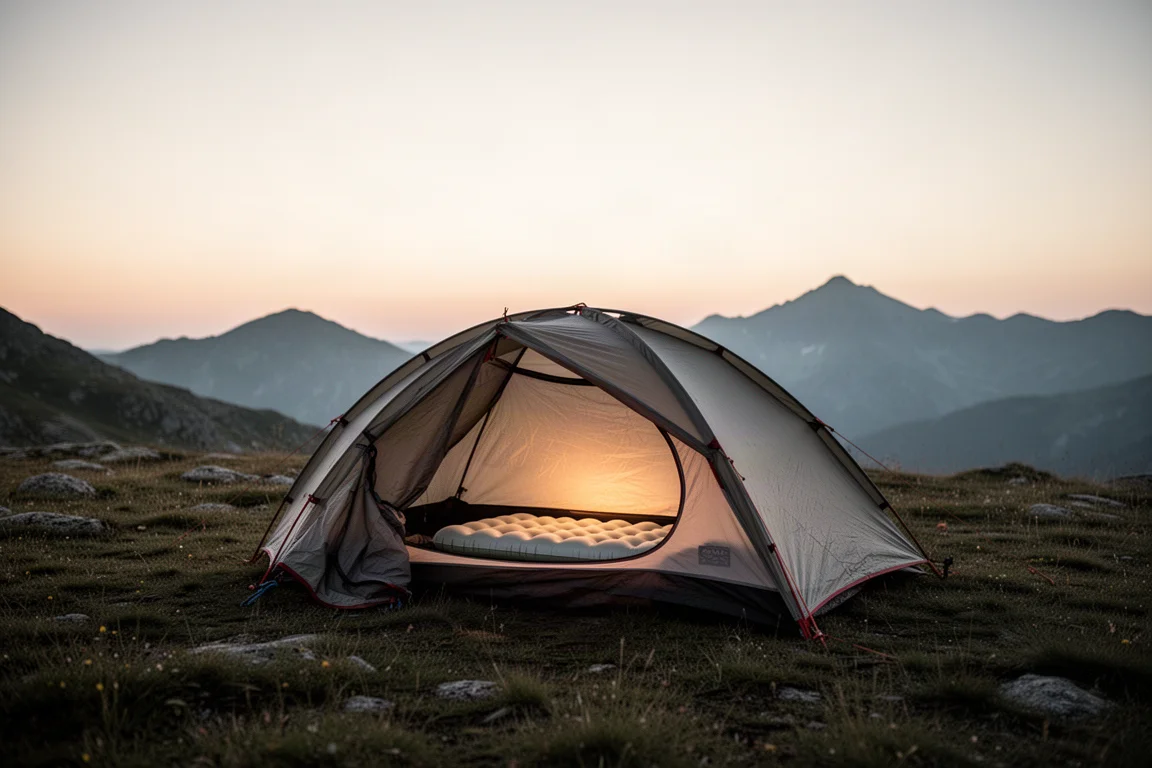 Backpacking tent interior at dawn with inflatable sleeping pad and quilt laid out