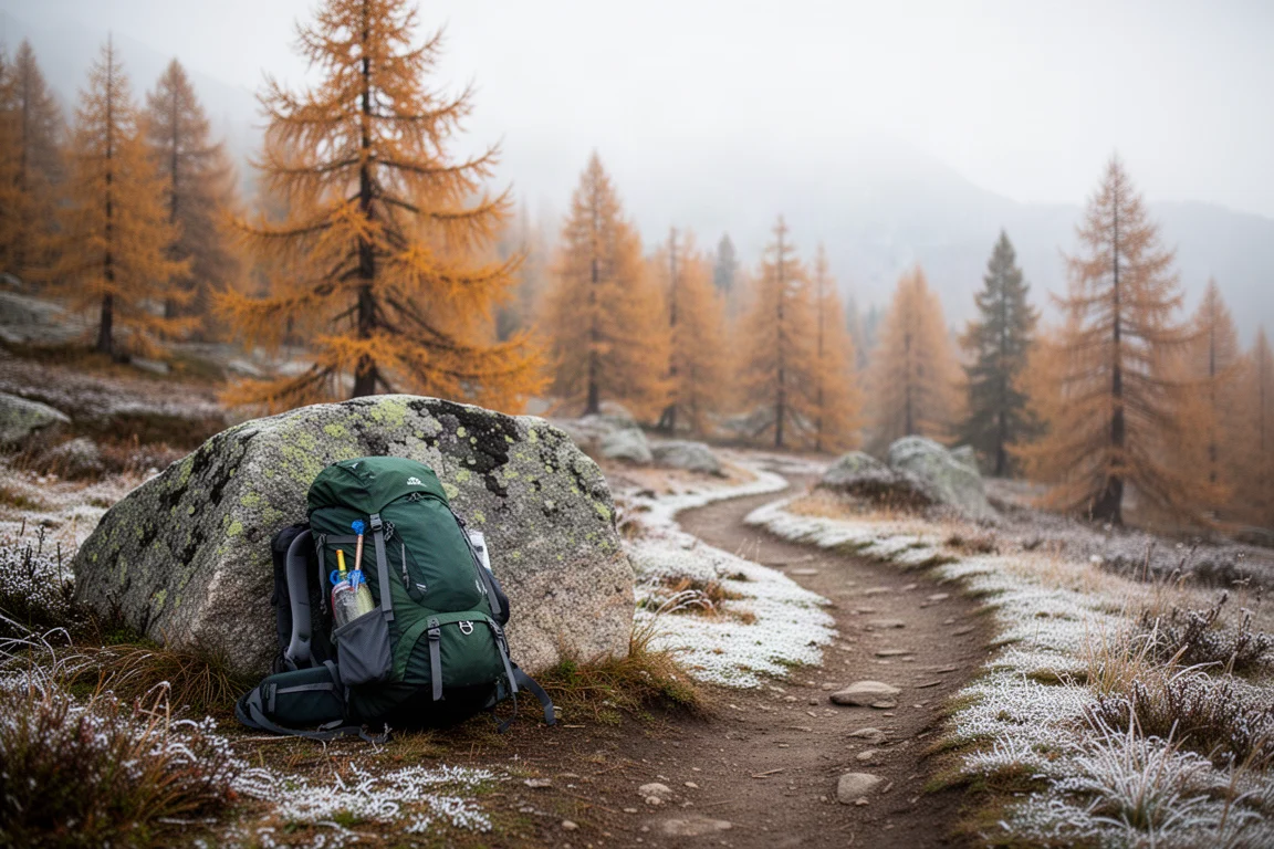 Flat lay of backpacking sleep gear including rolled pad, quilt, and patch kit on wood