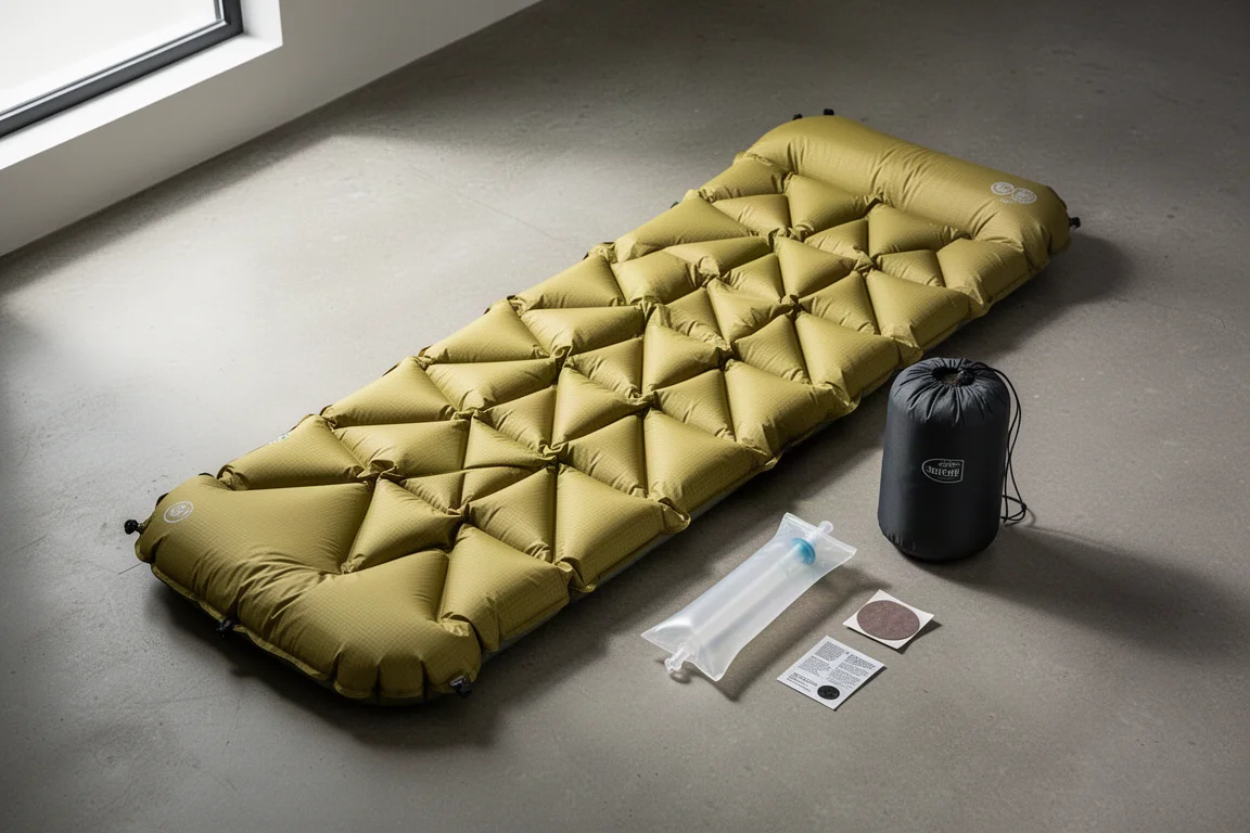 Inflatable backpacking sleeping pad with baffles on concrete floor beside a stuff sack