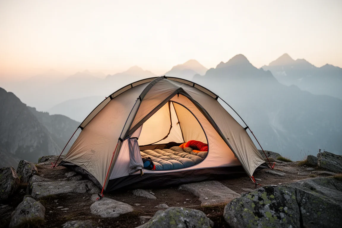 Petite tente de randonnée sur une corniche alpine à l'aube, avec un matelas de couchage visible à l'intérieur