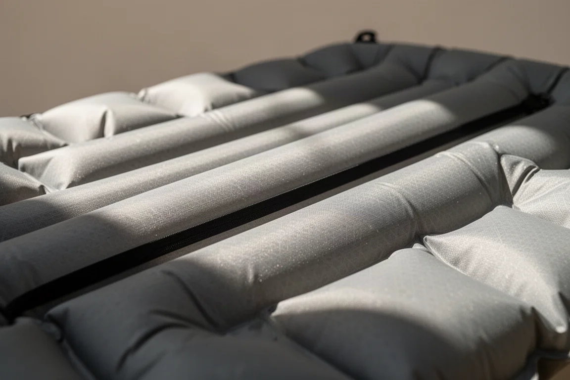 Gros plan de la surface d'un matelas de couchage montrant les cloisons horizontales et les cellules d'air