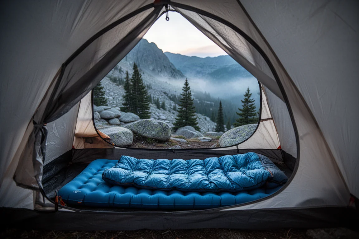 Tenda monoposto all'alba su un crinale erboso con un sottile materassino visibile all'interno