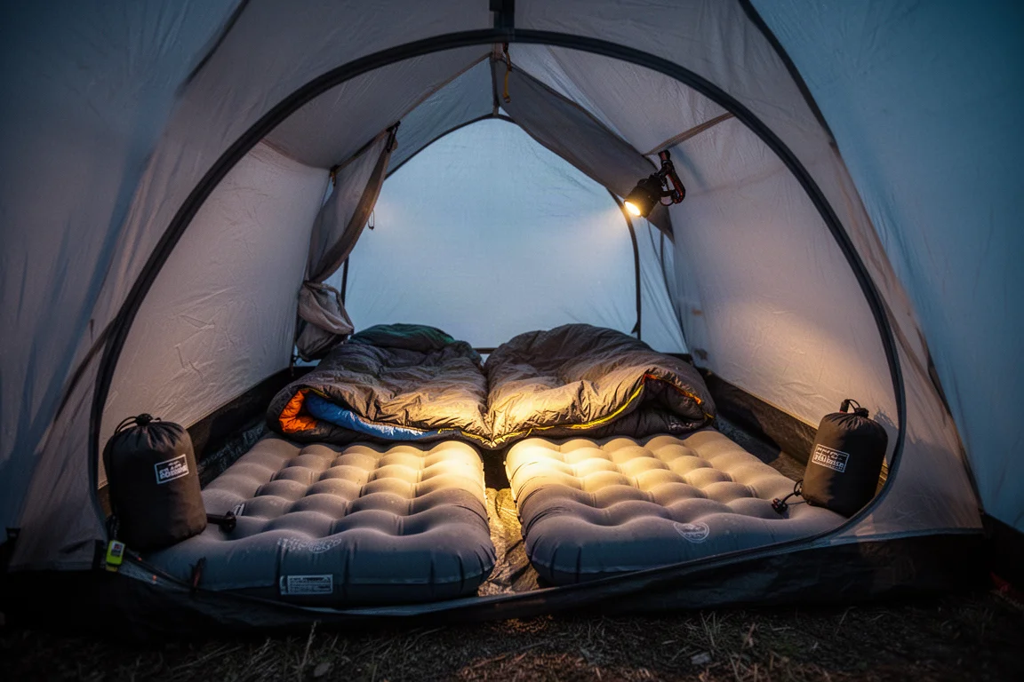 Dos colchonetas hinchables infladas dentro de una tienda de acampada al atardecer