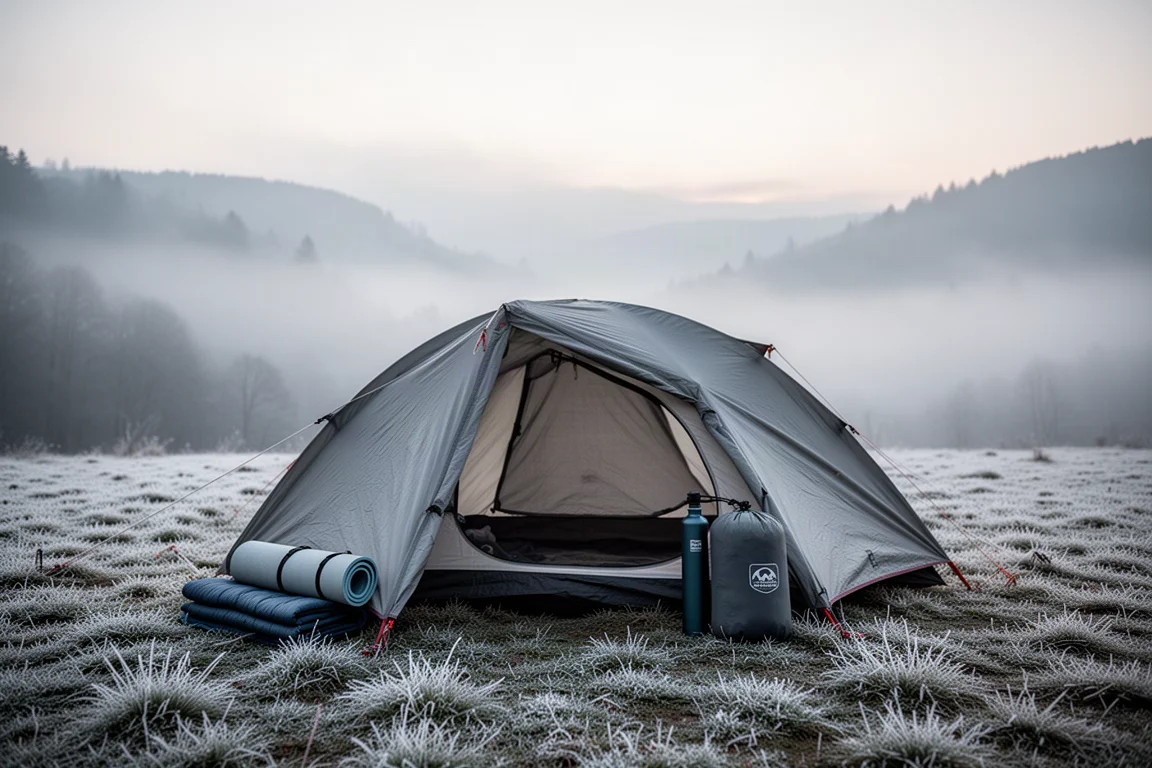 Tienda de acampada instalada sobre suelo cubierto de escarcha al amanecer, con niebla en el valle