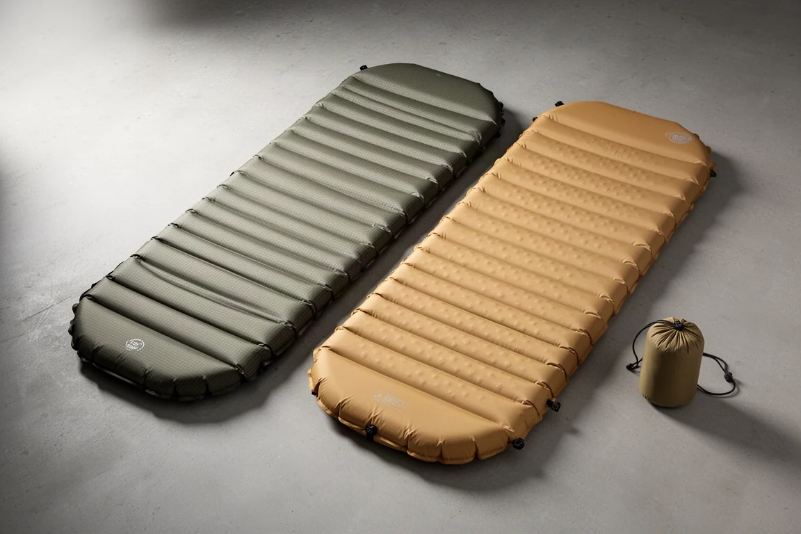 Two inflatable backpacking sleeping pads side by side on a matte concrete surface