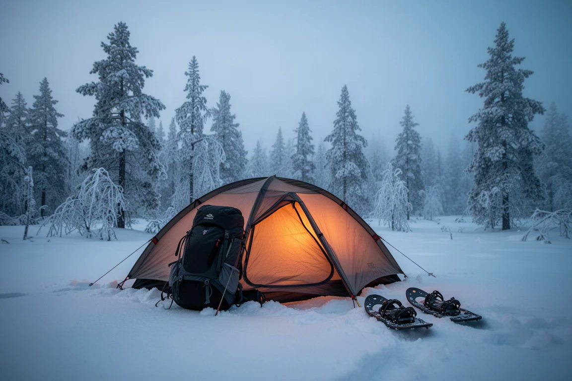 Winter campsite at dusk with a tent pitched on snow and frosted pine trees